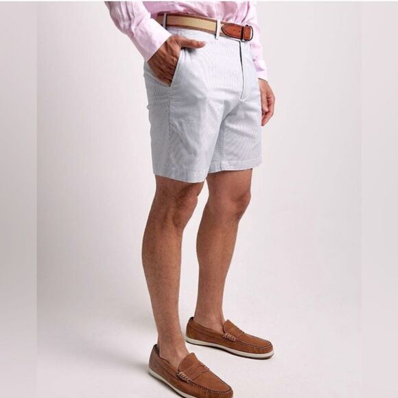 Peter Millar Summer Pinstripe Shorts Flat Front Sz 36 Blue & White Stripe Preppy - Picture 1 of 10